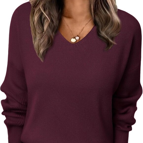 Women's V Neck Sweater Long Sleeve Knit Fall Fashion Slim Fit Top - Picture 1 of 5